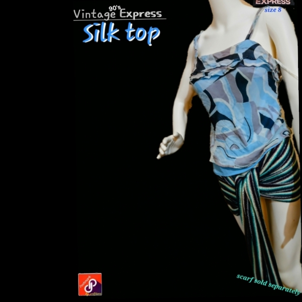 Vintage 90's -Express- Blue/Black & Grey 100% Silk Camisole- Scarf Not Included - Picture 2 of 9